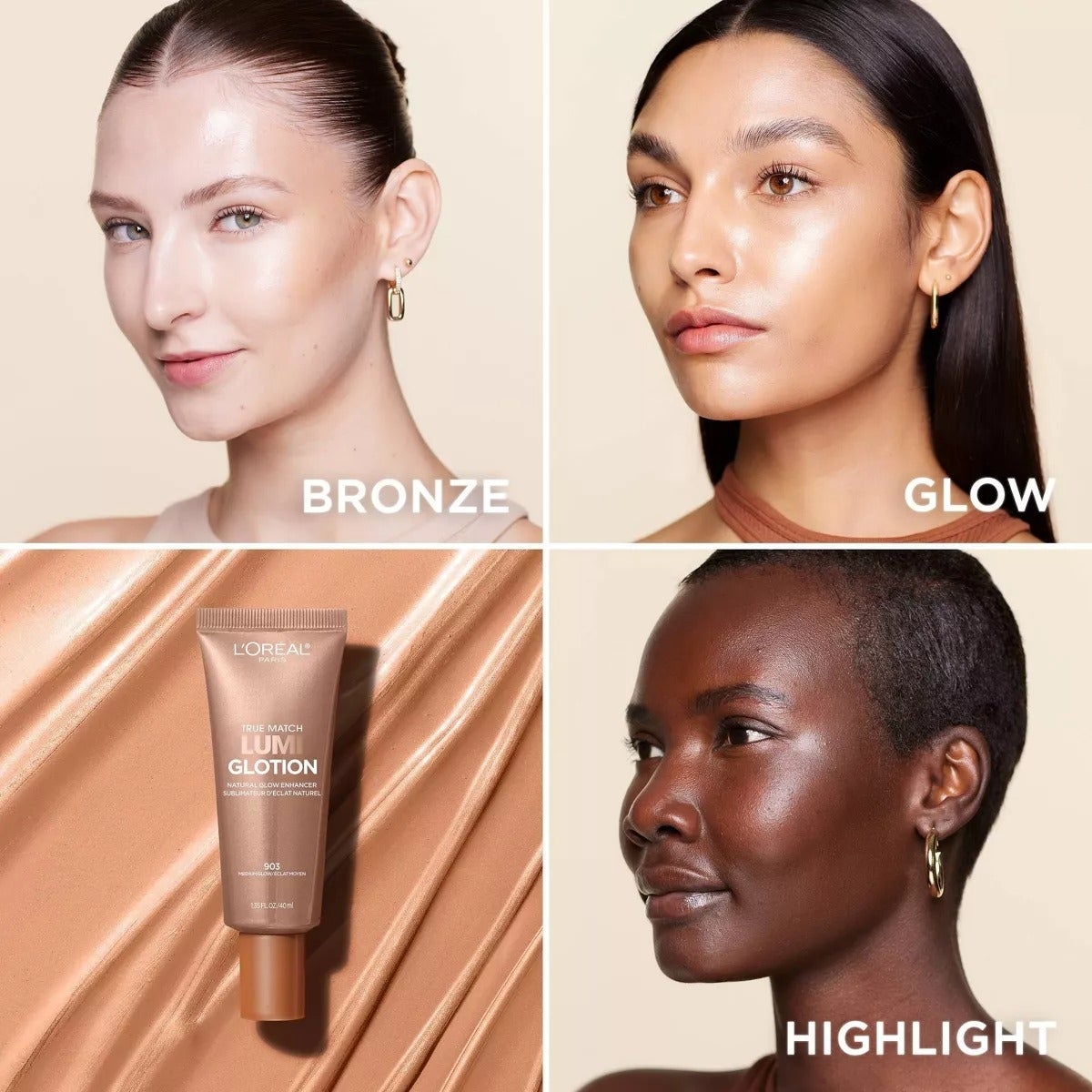 Empat model yang menampilkan efek Glotion L'Oreal Lumi: perunggu, cahaya, dan highlight; tabung produk ditampilkan pada kain satin