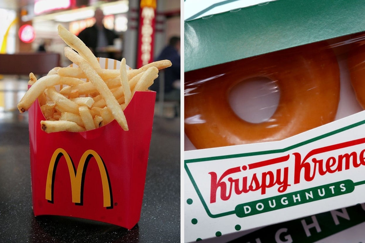 Fries in a McDonald's carton next to a box of Krispy Kreme doughnuts, suggesting a mix of savory and sweet treats