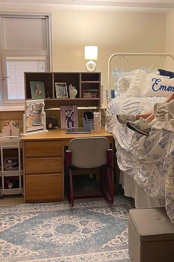 A dorm country with 2 young people; 1 sits connected a lofted bed, the different stands. The country has organized shelves and a cozy rug