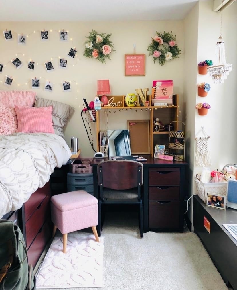 Stylish dorm country   with organized desk, partition  art, and cozy furniture  decor. Functional retention  solutions and decorative accents supply  a welcoming atmosphere