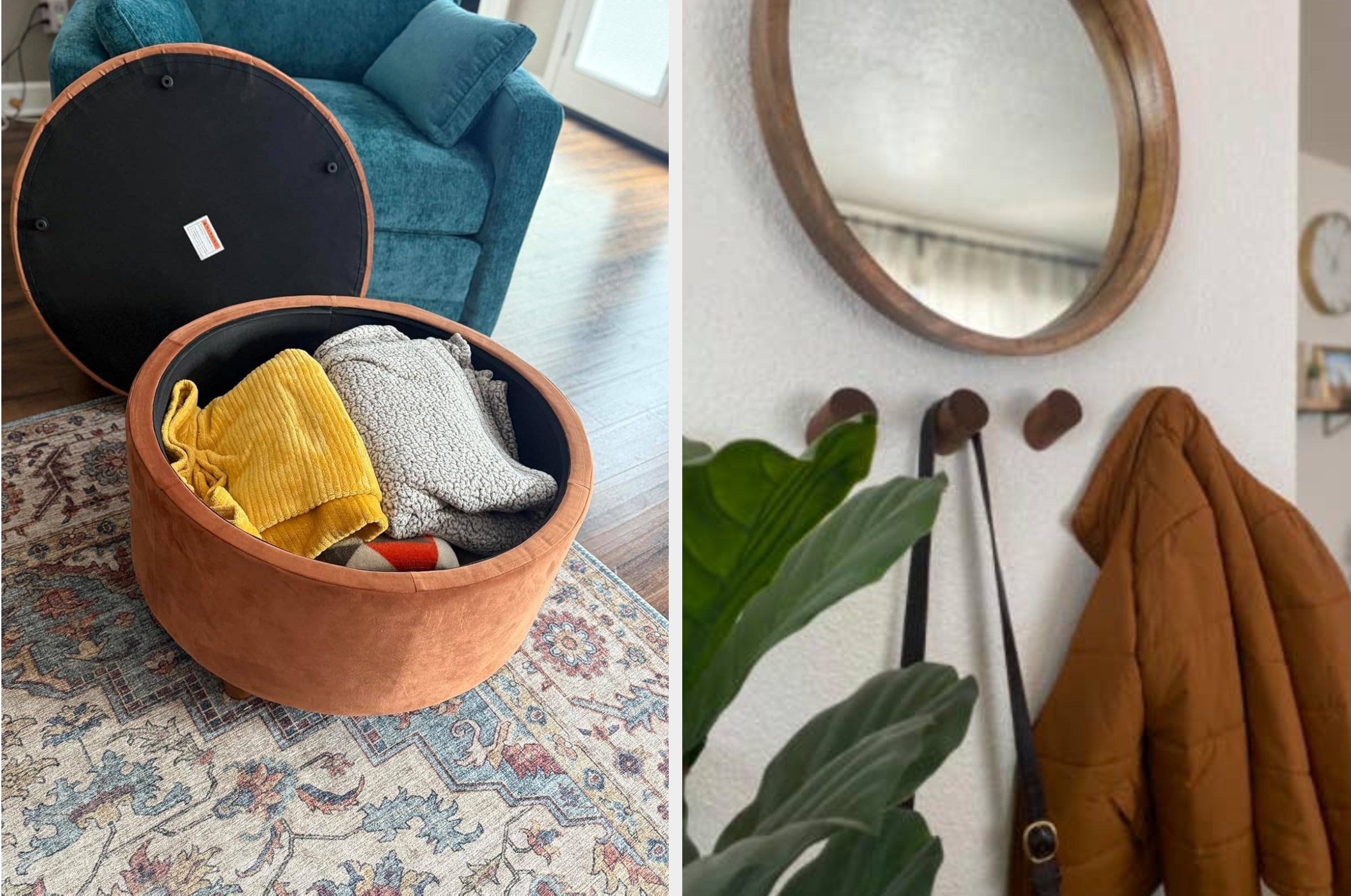 Three-panel collage: left shows an ottoman with storage, middle has a person vacuuming a floor, right displays a neatly organized entryway with a coat