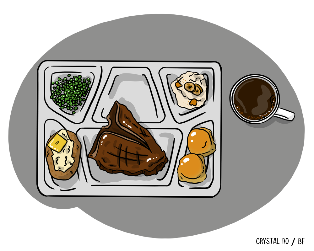 Lunch tray with steak, baked potato with butter, green peas, rolls, and a mug of coffee