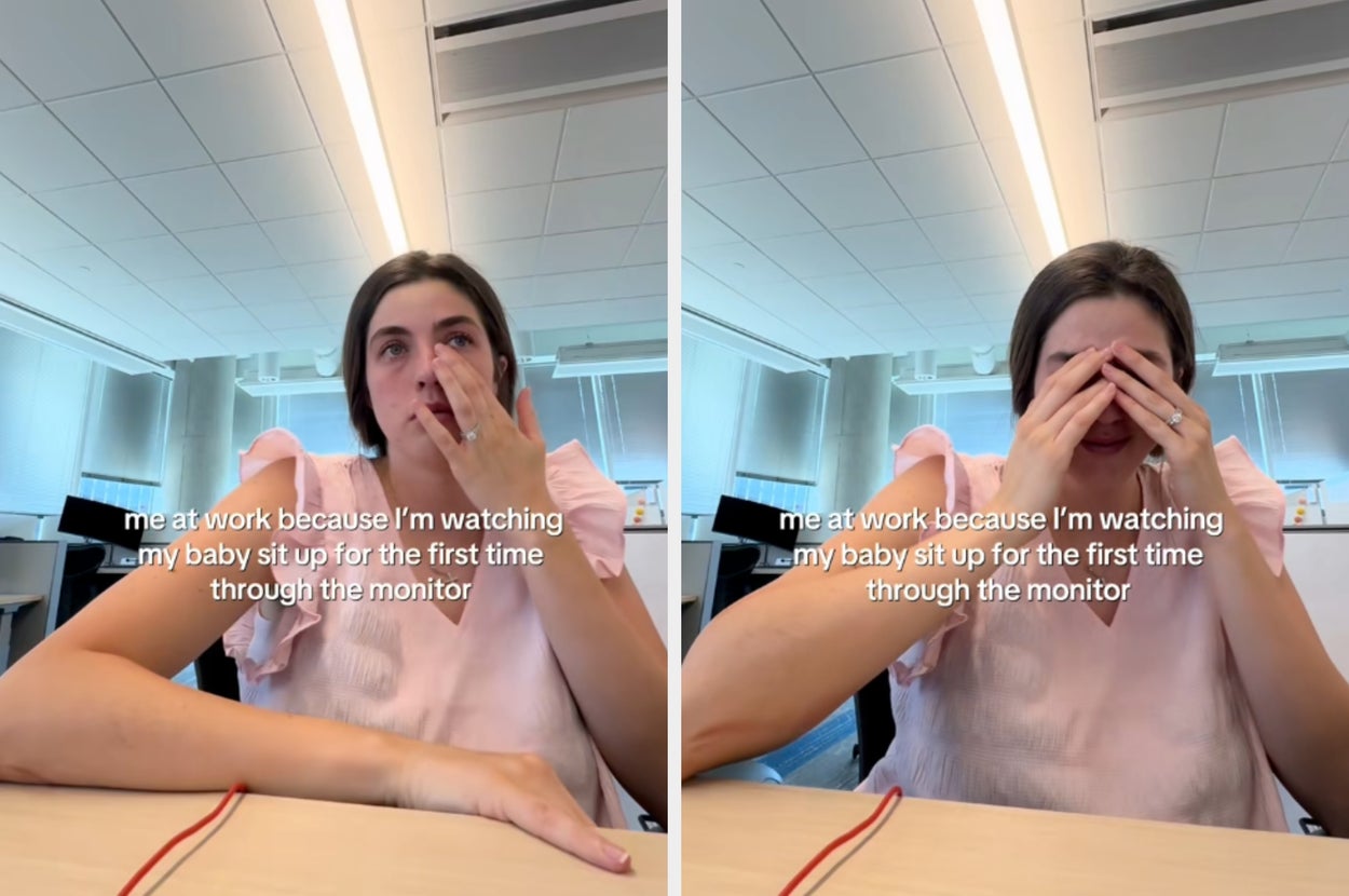 Person at work, emotional while watching their baby sit up for the first time via monitor. Text on image repeats this moment