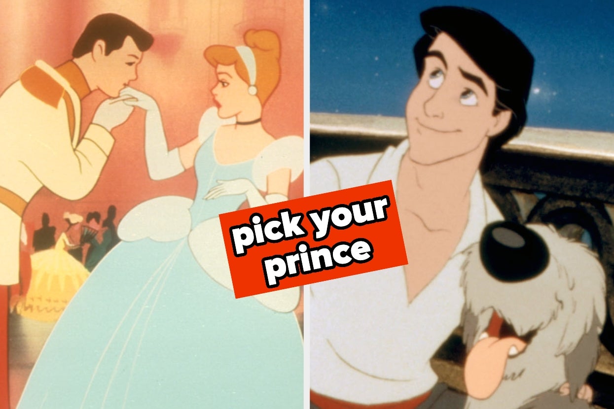 Split image of Prince Charming and Cinderella, Prince Eric and Max. Text: "pick your prince"