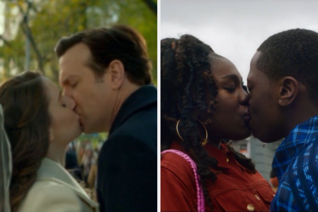 Two couples kiss, one in a formal setting, the other casually outdoors