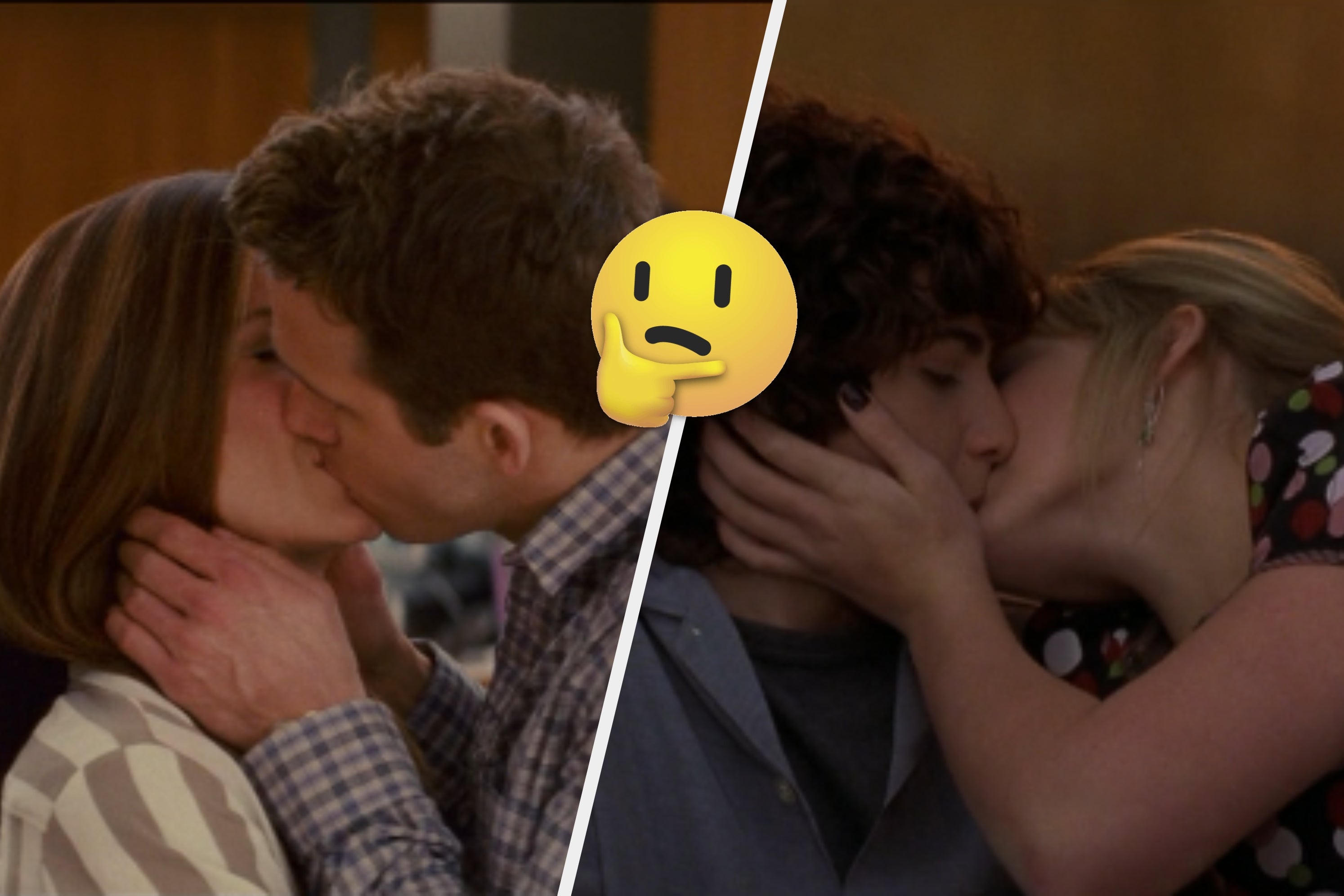 Two TV couples kissing in separate scenes, with a thinking face emoji between the images. The clothing is casual