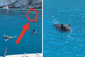 ギリシャの青い海で水泳中の3人とヨット。テキスト: 豚に追われる経験が新鮮。