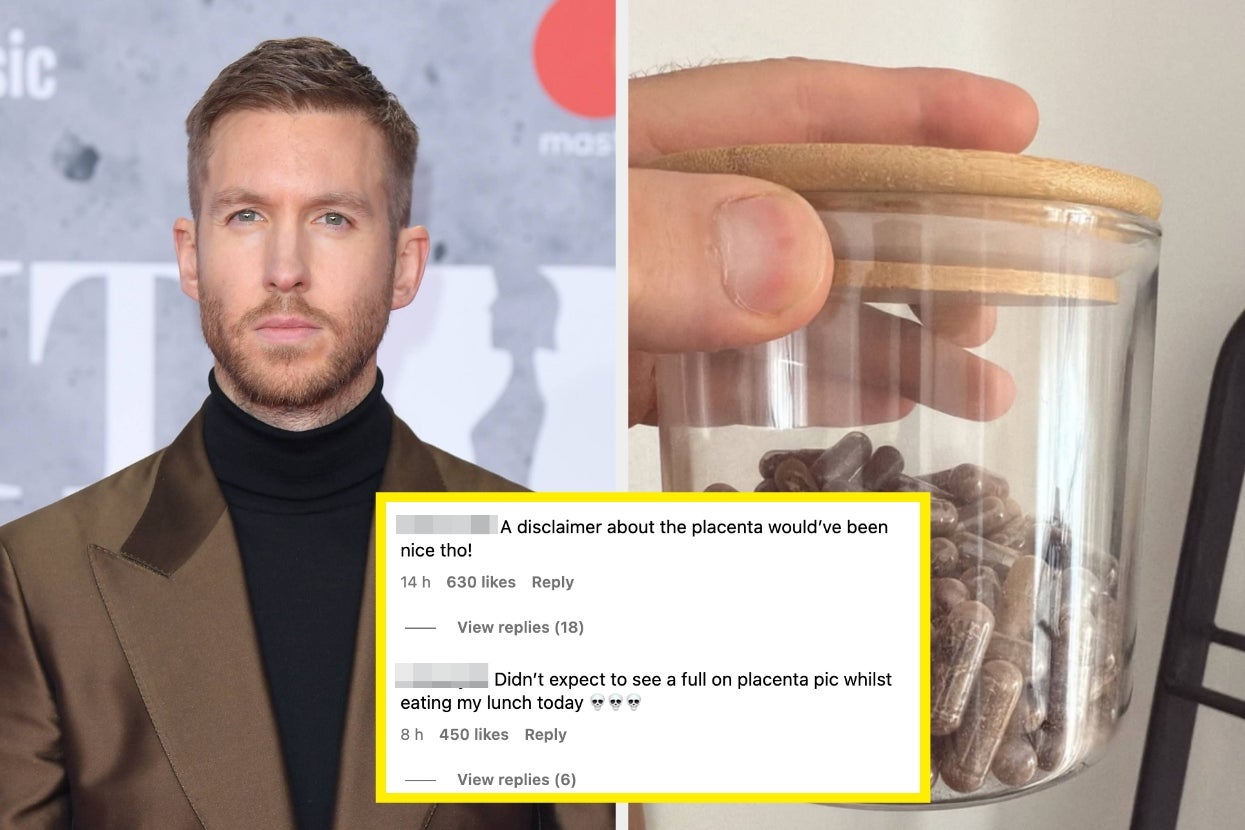 Left: Calvin Harris on a red carpet. Right: Hand holding a jar of capsules. Social media comments over seem shocked about a photo of a placenta