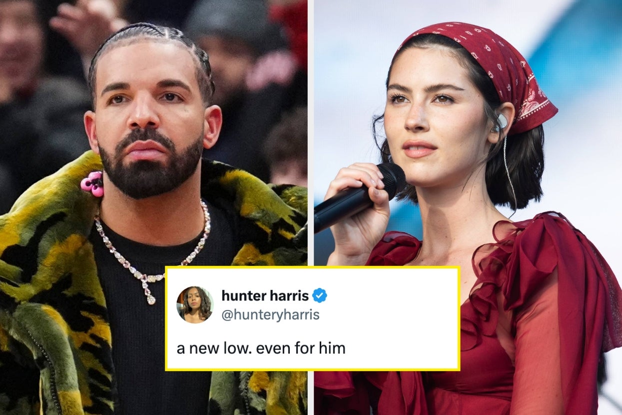 Two celebrities appear side by side; left wears a patterned jacket, right wears a red outfit. Tweet overlay reads: "a new low. even for him."