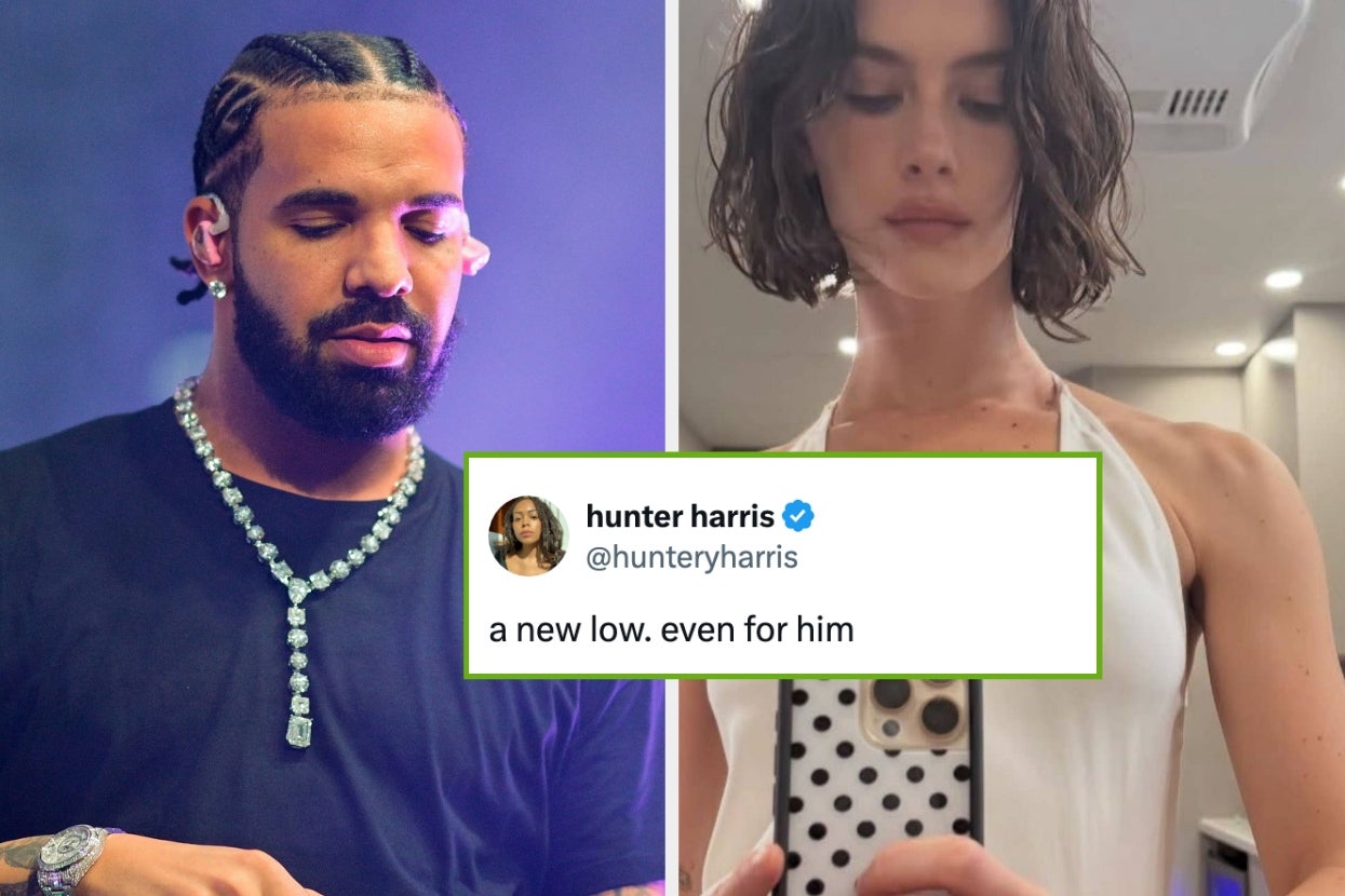 Split image: On the left, a musician with braids and a necklace. On the right, a person takes a mirror selfie. Center text: "hunter harris @hunteryharris a new low. even for him"