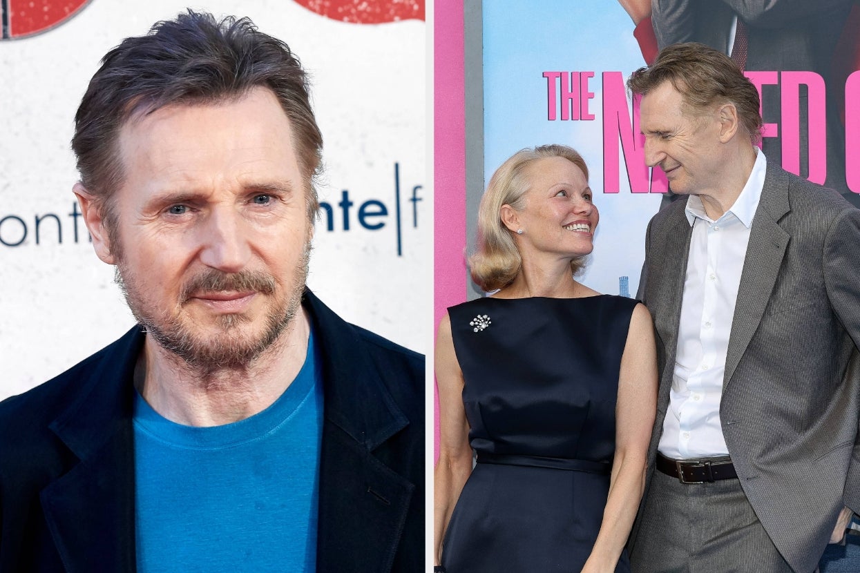 Man in casual blue shirt and blazer on red carpet; next to him, smiling couple with man in suit and woman in elegant black dress looking at each other