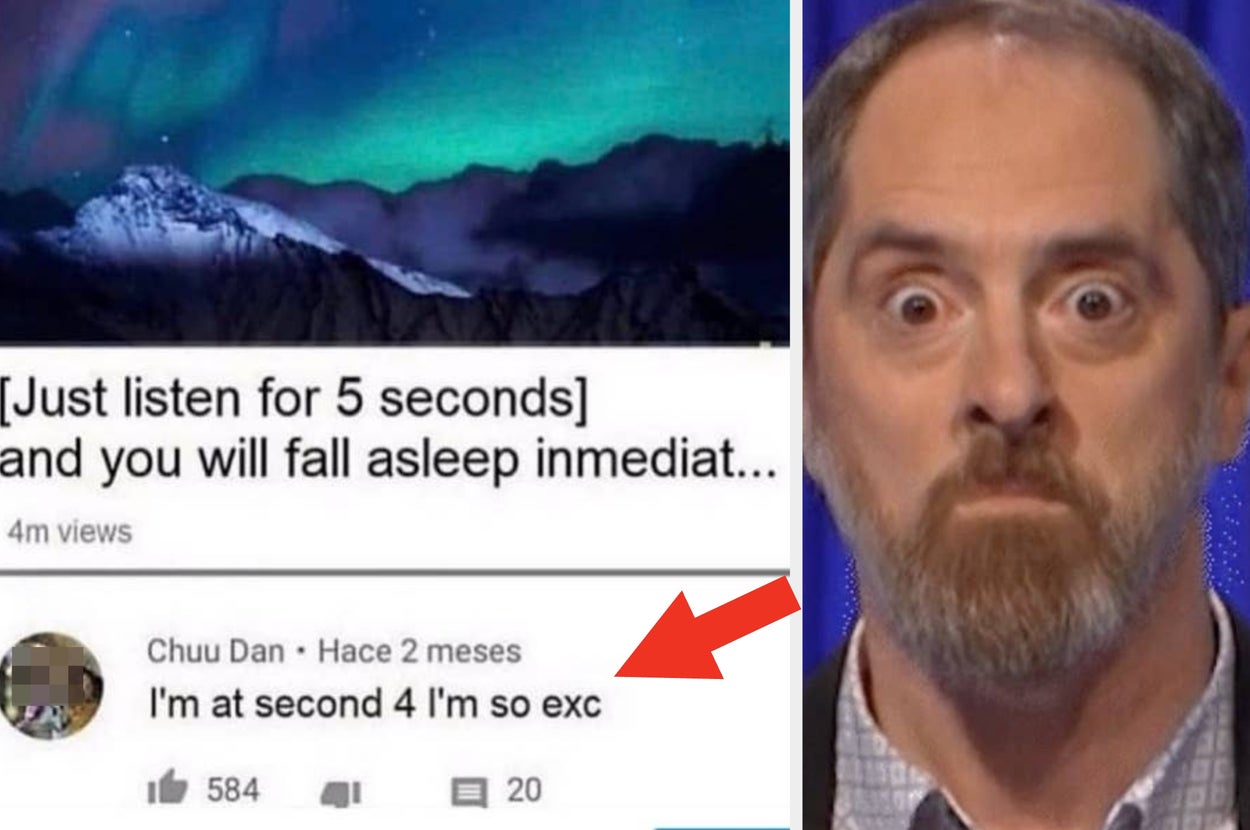 A surprised man looks at a meme about a comment on a video promising instant sleep, humorously highlighting a user excited at the 4-second mark