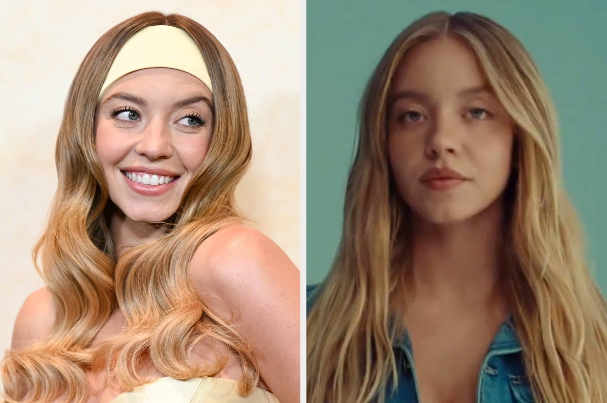 Left: Person with wavy hair and headband smiling. Right: Same person with straight hair and neutral expression. Casual and relaxed look