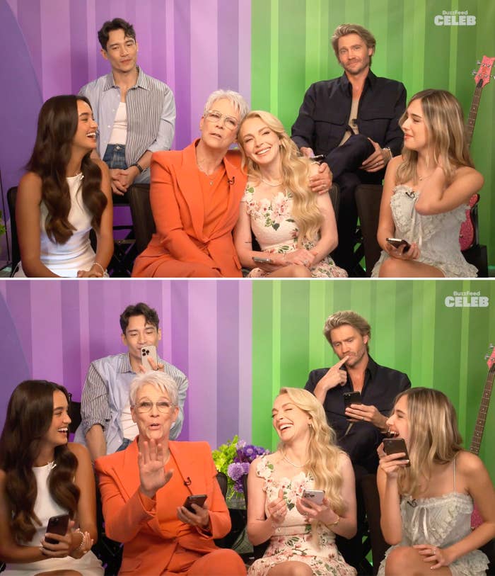 The formed  of Freakier Friday laughing and smiling, with Jamie putting her caput  connected  Lindsay's shoulder