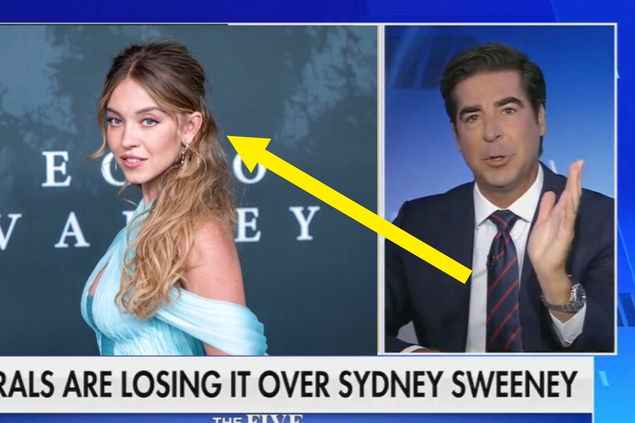 A woman in elegant off-shoulder attire is on the left, and a man in a suit gestures on the right. Headline below: "Liberals Are Losing It Over Sydney Sweeney."