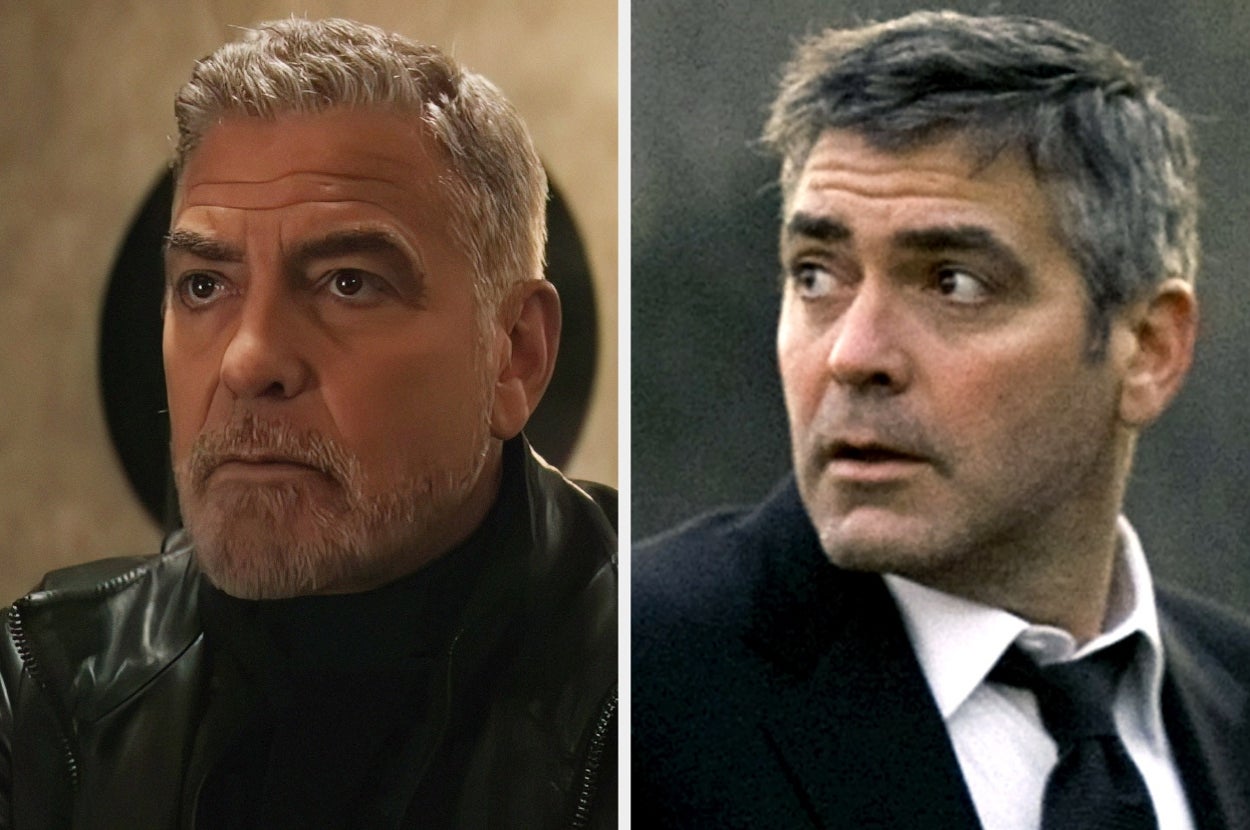 Two images of the same man: on the left, he has gray hair with a beard, wearing a leather jacket; on the right, he appears younger, clean-shaven, in a suit