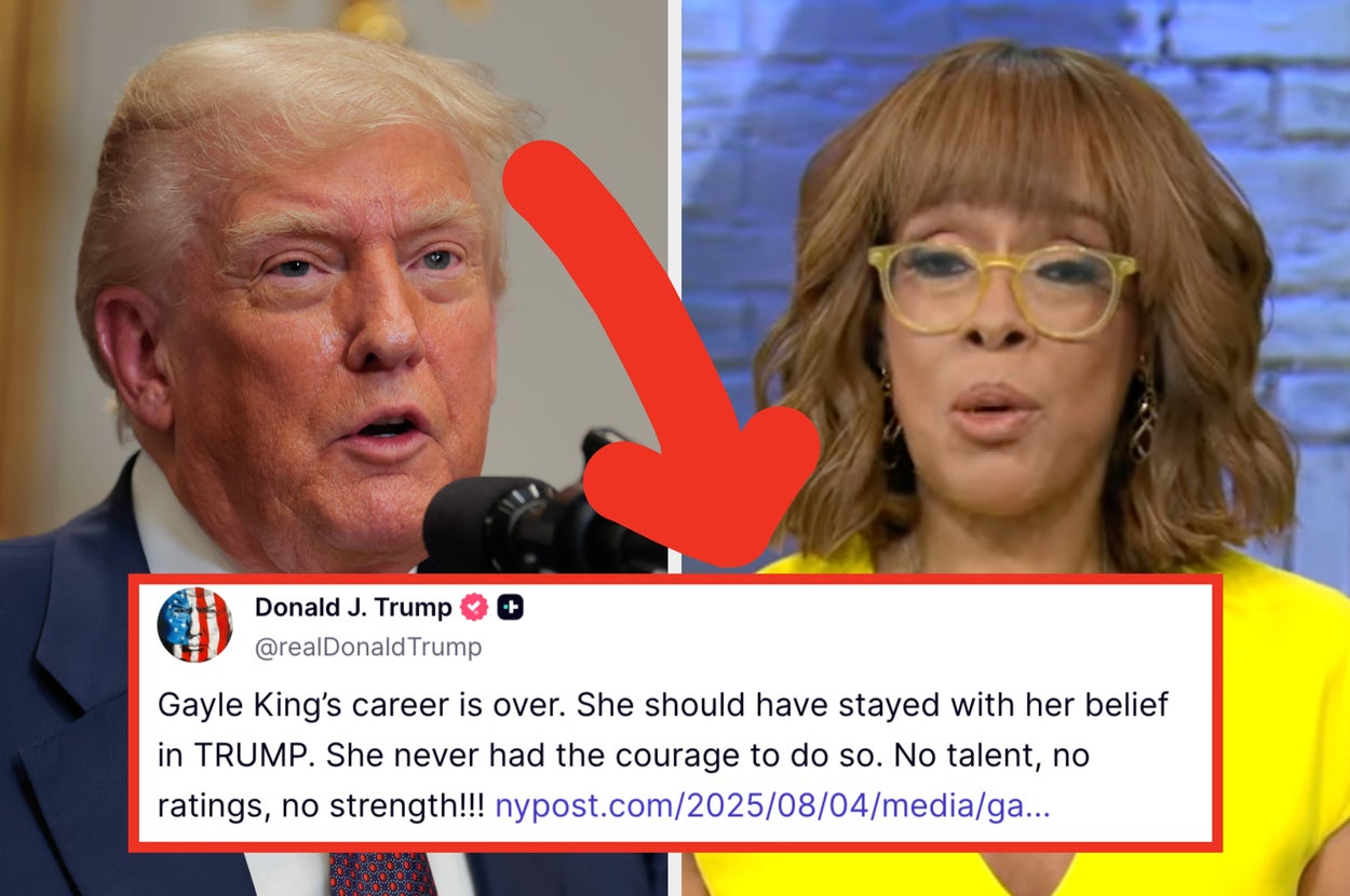 Person at a podium speaking next to a screenshot of a critical social media post directed at a TV host