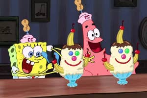 SpongeBob and Patrick happily make ice cream sundaes with banana hats and cherry noses in a whimsical scene
