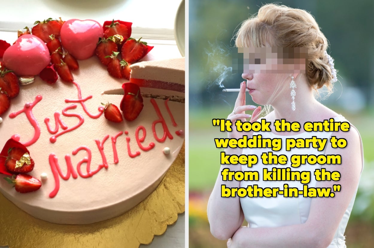Heart-shaped cake with "Just Married" written on it and strawberries. A woman in a wedding dress with blurred face smokes, text: groom restrained from harming brother-in-law