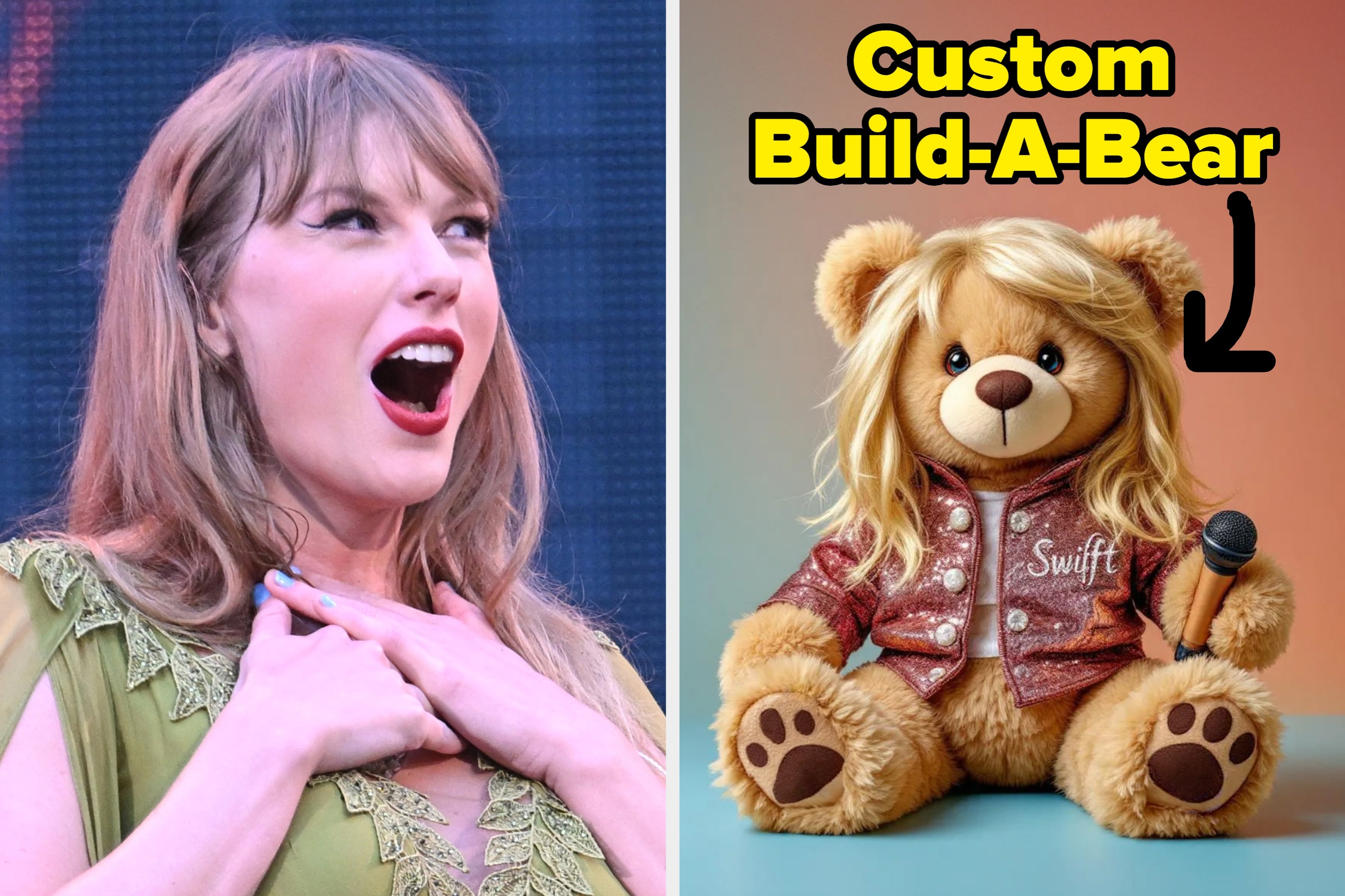 Taylor Swift, surprised next to a similar themed Build-A-Bear wearing a shimmering jacket, holding a microphone, and labeled "Custom Build-A-Bear."