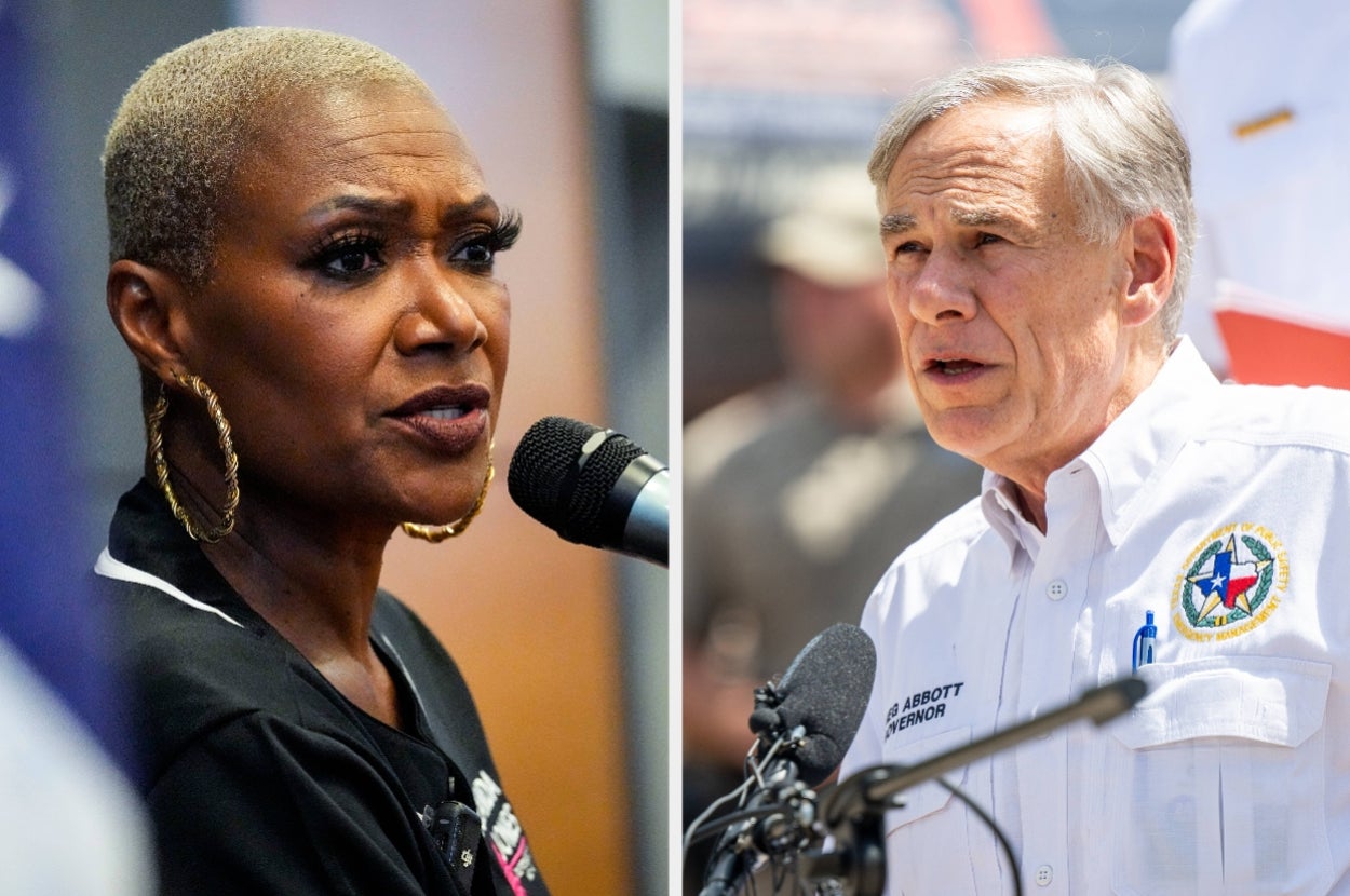 Two individuals speaking at separate events. The first wears hoop earrings and the second a shirt with a badge. Both appear to be mid-speech