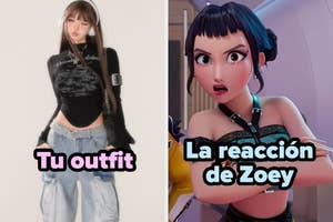 Left: Person in a casual trendy outfit. Right: Animated character Zoey looks surprised. Text: "Tu outfit" and "La reacción de Zoey"