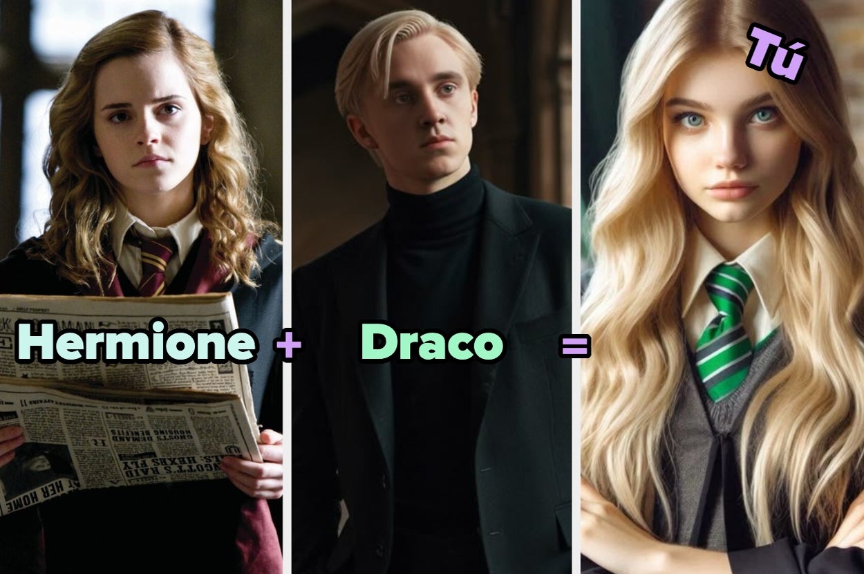 Three characters: a young witch with wavy hair and a newspaper, a young wizard in a turtleneck, and a girl with long hair in a green-striped tie