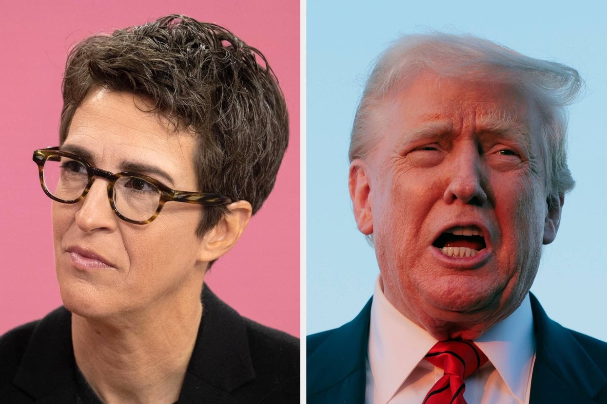 Two public figures are pictured side by side. The person on the left wears glasses and a blazer. The person on the right wears a suit and tie