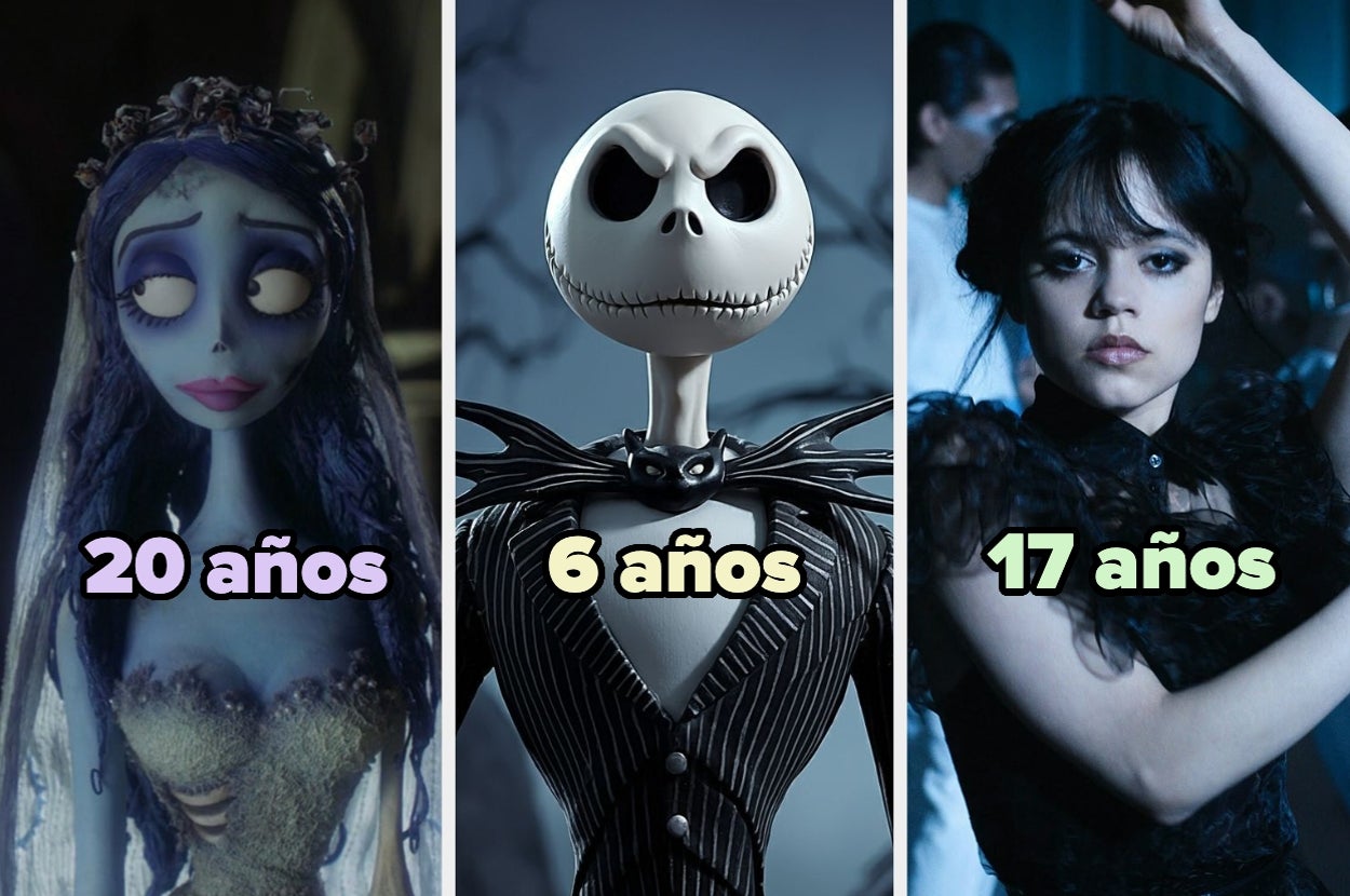 Personajes de películas: Novia Cadáver (20 años), Jack Skellington (6 años), joven en vestido negro (17 años)