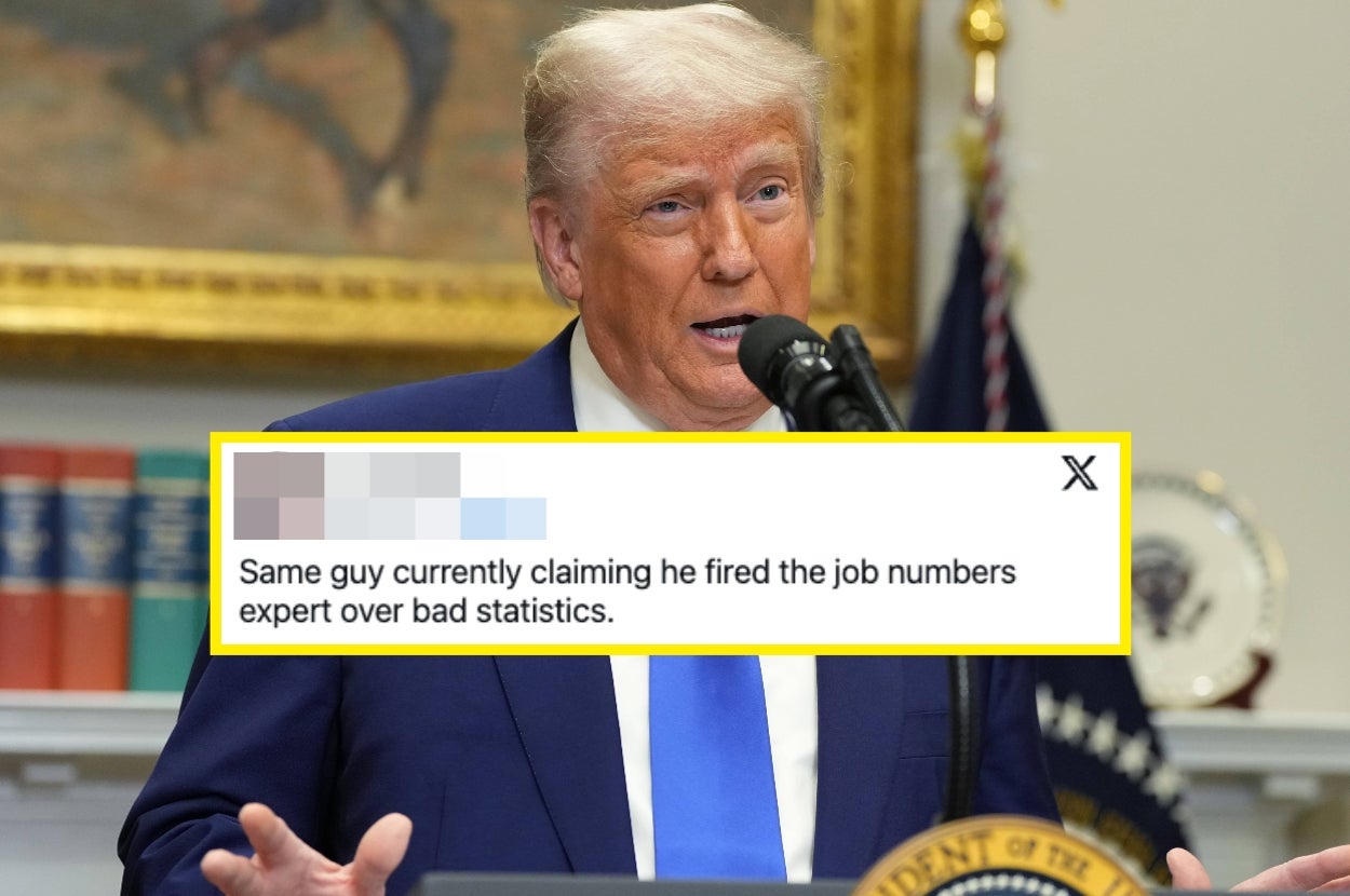 Donald Trump speaks at a podium with a social media post overlay questioning his claim about firing a job numbers expert