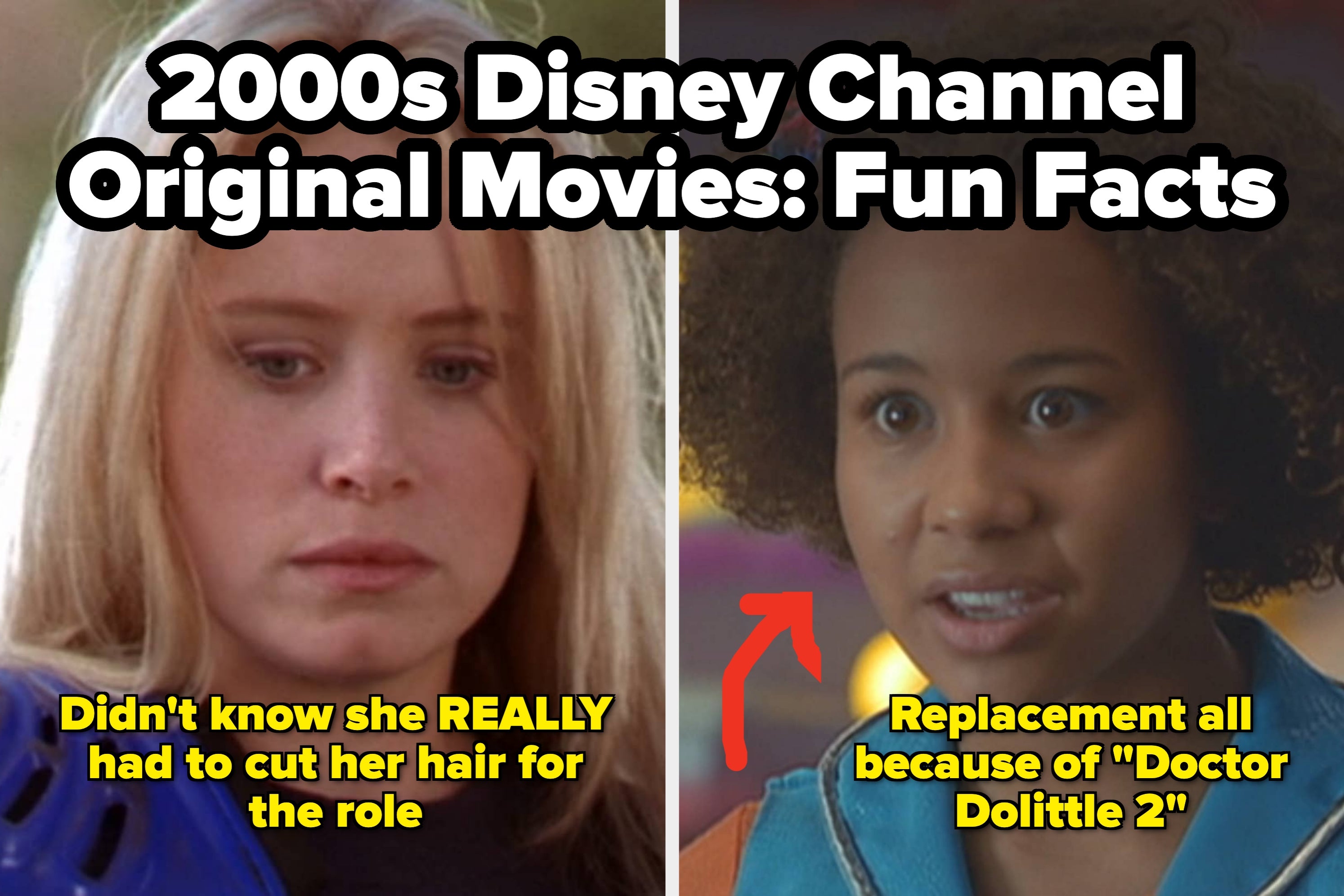 Two young women appear in split screen. The left woman has straight hair and a serious expression. The right woman has curly hair and a surprised look