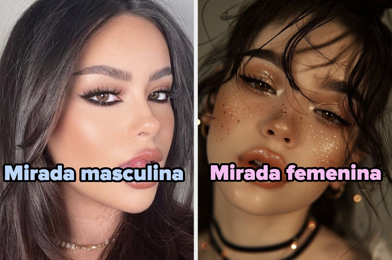 Dos fotos comparativas de estilos de maquillaje: uno con apariencia más masculina y otro con apariencia más femenina