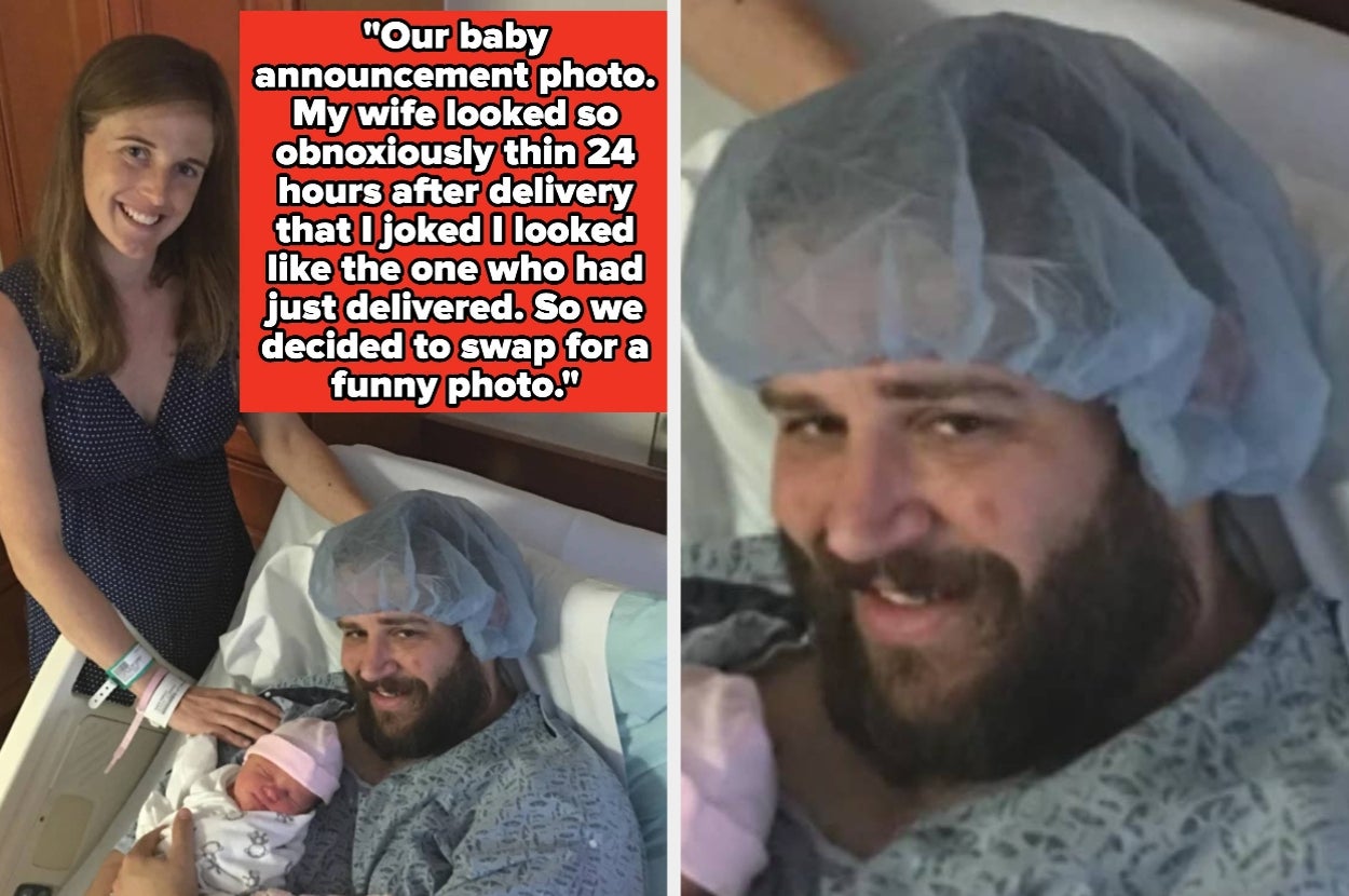 Man in hospital gown and cap holds newborn, joking with his wife about swapping roles for a humorous post-delivery photo