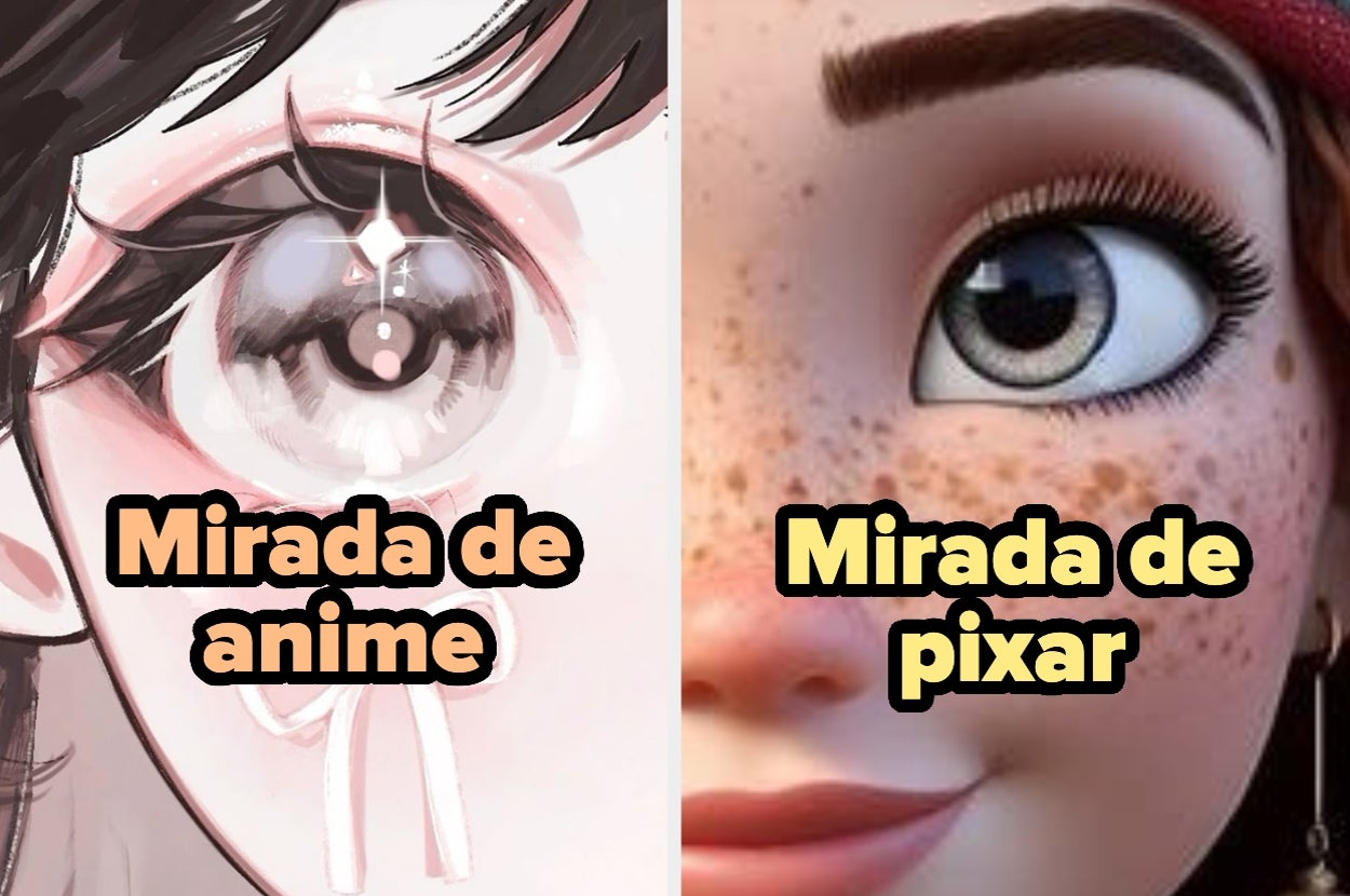 Ilustración comparando dos estilos de ojos: a la izquierda estilo anime, a la derecha estilo Pixar