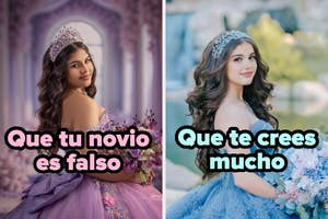 Dos mujeres jóvenes en vestidos elegantes posan con tiaras; sobreimpreso: "Que tu novio es falso" y "Que te crees mucho"