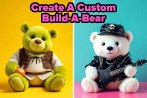 Split image of two teddy bears: one green bear in Shrek clothes holding an onion, one white bear in punk rocker attire holding a guitar