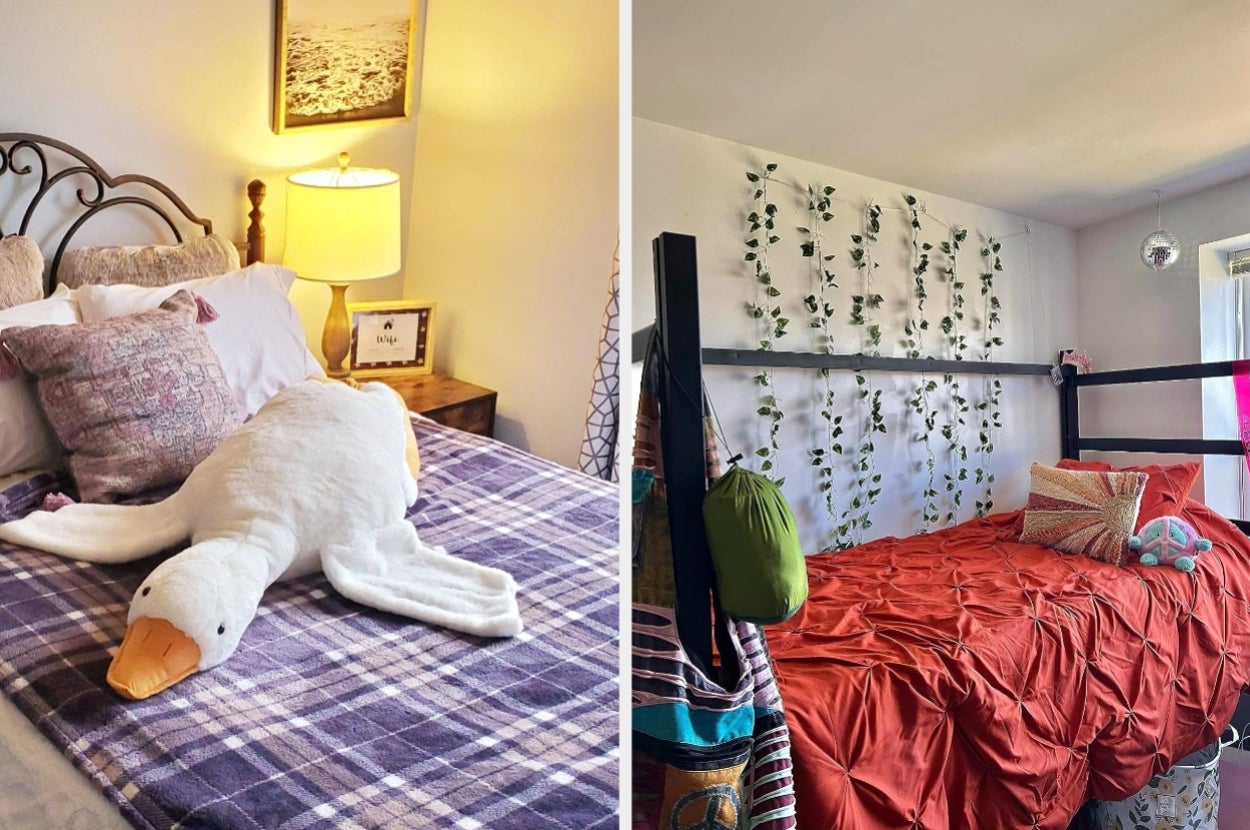 Cozy bedroom setups: left features a plush duck on a plaid blanket; right has orange bedding with hanging plants and a bohemian decor