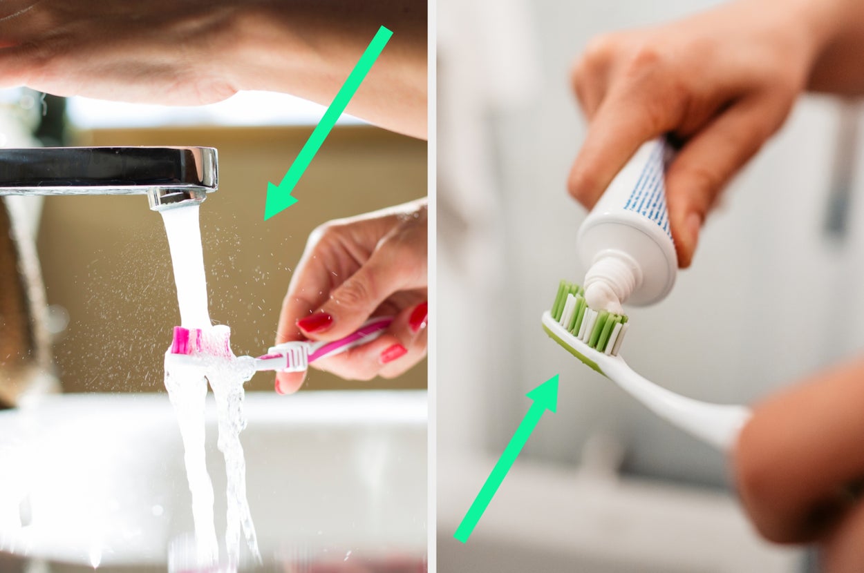 Two images comparing proper and improper toothbrush care: one with a toothbrush under running water, the other applying toothpaste correctly