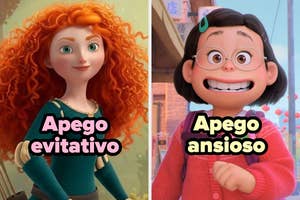 Personajes animados comparando estilos de apego: uno evita y otro muestra ansiedad