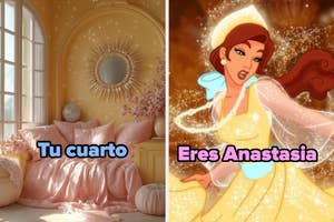 Imagen dividida: a la izquierda, una habitación acogedora; a la derecha, una ilustración de un personaje animado bailando, con texto superpuesto