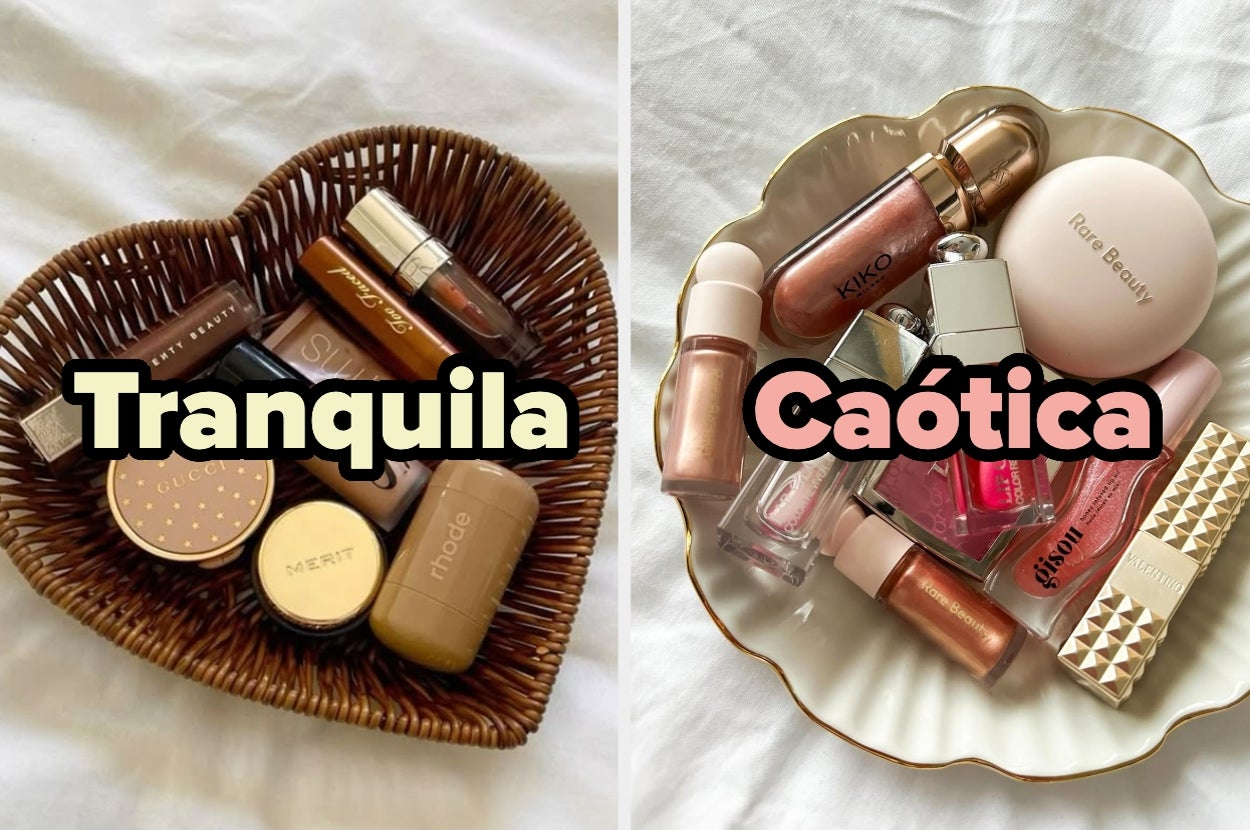 Two makeup collections: left is organized and labeled "Tranquila"; right is cluttered, labeled "Caótica."