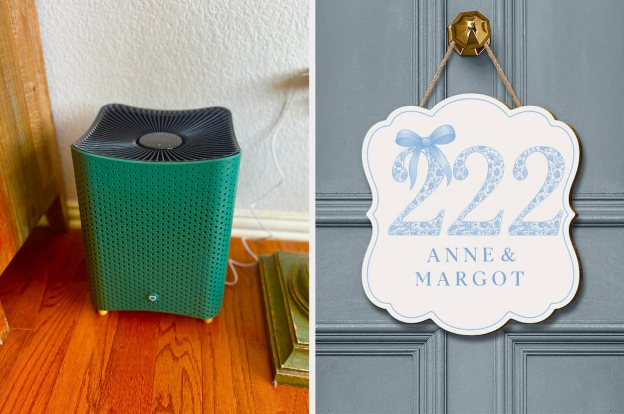 Air purifier on a floor next to a wall; decorative door sign reads "222 Anne & Margot."
