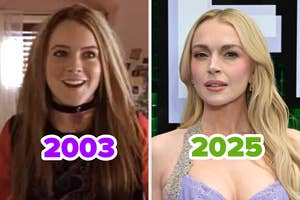 Two images of the same celebrity: one from 2003 in a casual outfit and one from 2025 in a glamorous gown at a formal event