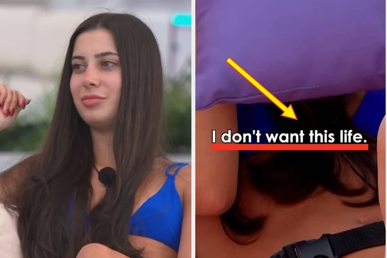 A woman with long dark hair sits wearing a blue top. The right image shows text: "I don't want this life."