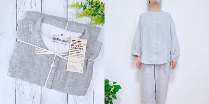 無印良品の「婦人 ヘリンボーンガーゼ スタンドカラー八分袖パジャマ」