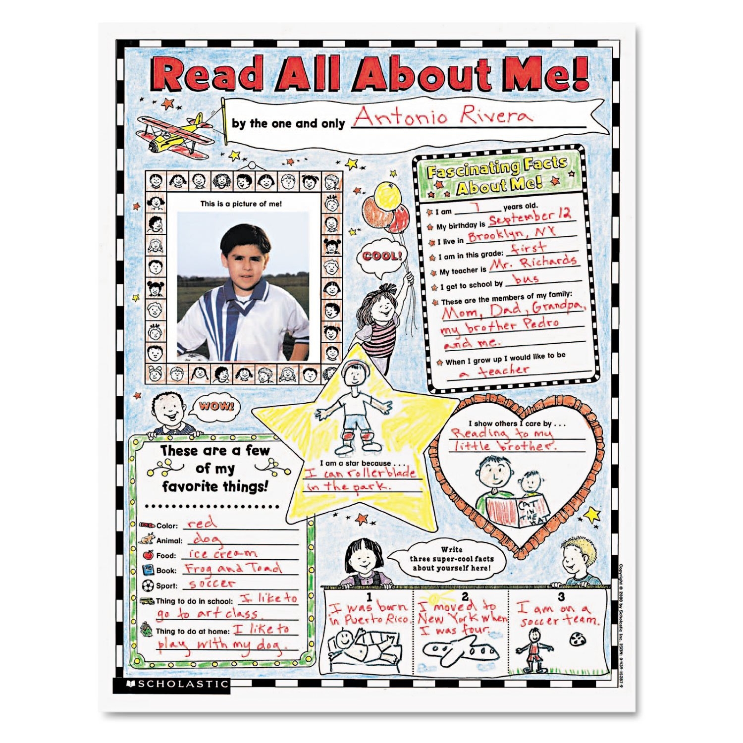"Read All About Me" poster featuring a child's photo, personal interests, favorite book, and fun facts about them