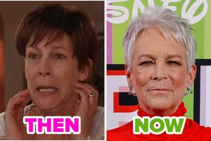 Left: Person reacting emotionally. Right: Same person confidently posing in a stylish high-neck outfit at a media event