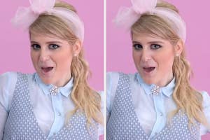 Two side-by-side images of a person with a playful expression, wearing a light blouse, vest, and large bow headband