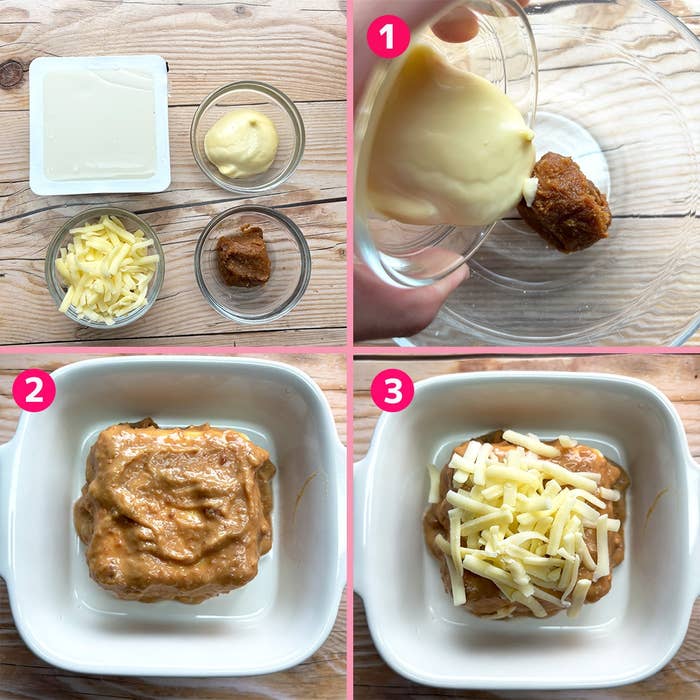 豆腐、マヨネーズ、味噌、チーズを混ぜて焼く手順を示す写真。