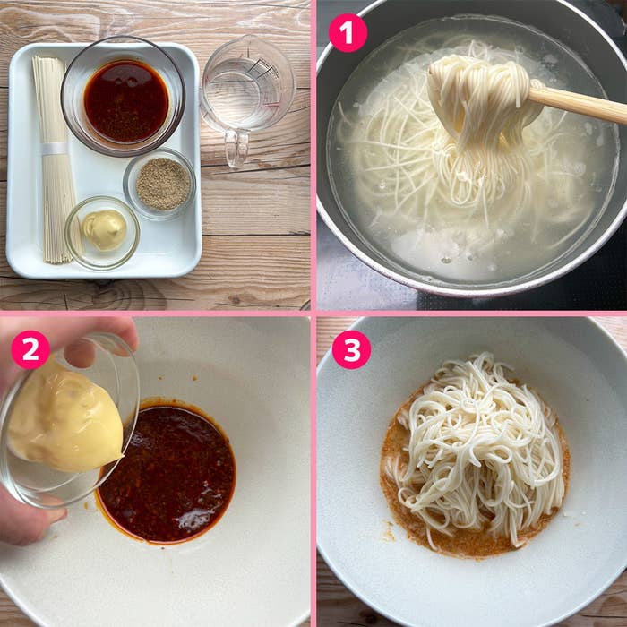 大皿に乾麺と調味料。鍋で麺を茹で、ボウルで調味料を混ぜ、茹でた麺を和える手順。